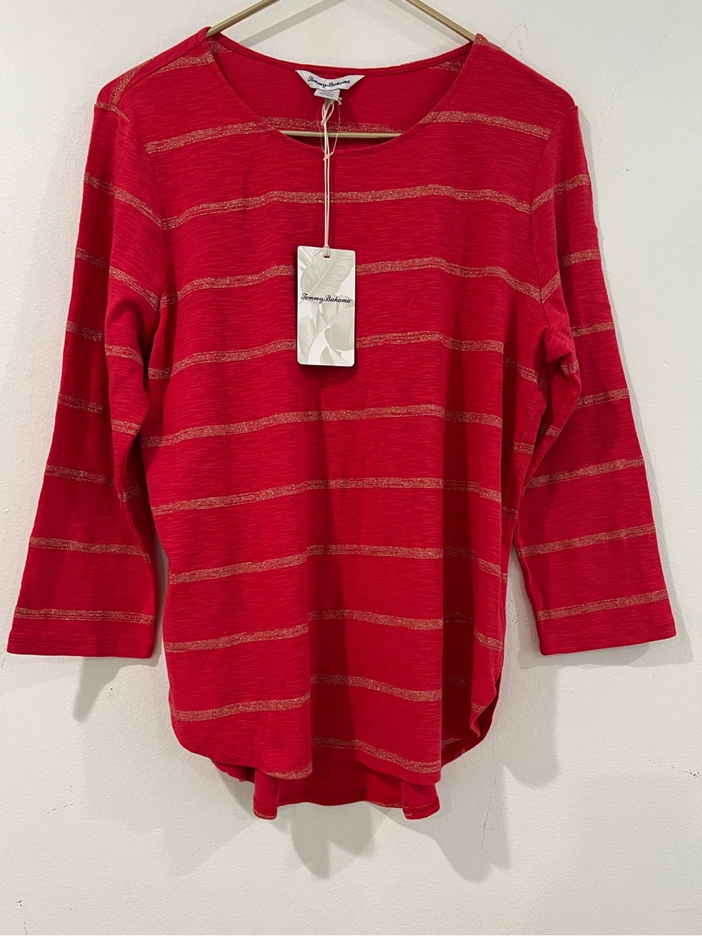 Tommy Bahama Red Long-Sleeve Stripe Top with Gold Accent L